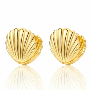 Elegant gold shell stud earrings with vertical textured stripes in a minimalist design