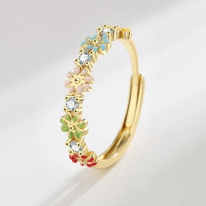 Gold huggie earring with multi-colored enamel flowers and sparkling zircon stones