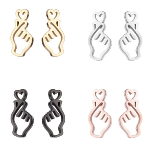 Hollow stainless steel heart-shaped hand gesture stud earrings in four assorted colors