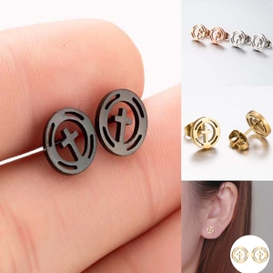 Stainless Steel Cross Stud Earrings Hollow Round Minimalist Gothic Punk Style Fashion Jewelry For Women Men