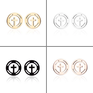 Detail view of round hollow cross stud earrings in gold, silver, black, and rose gold finishes
