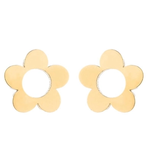 Detailed view of polished golden five-petal flower stud earrings with a hollow center