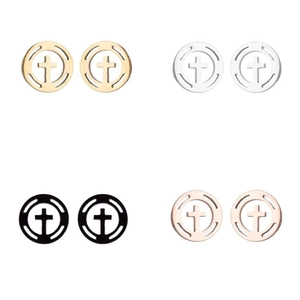 Minimalist stainless steel cross stud earrings in gold, silver, black, and rose gold
