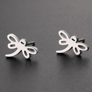 Minimalist dragonfly stud earrings in polished silver stainless steel with hollow design