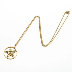 Gold stainless steel punk necklace featuring a pentagram and goat head pendant on O-chain