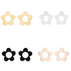Set of four stainless steel hollow five-petal flower stud earrings in multicolor finishes