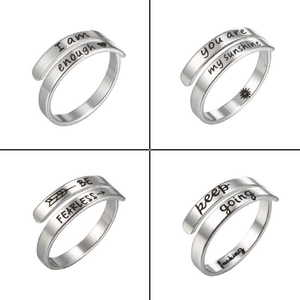 Adjustable silver stainless steel open rings with inspirational engraved lettering