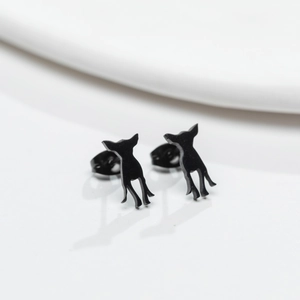 Detail of matte black Chihuahua puppy silhouette stud earrings in stainless steel