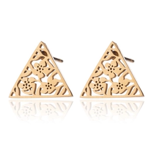 Detailed view of gold triangular stud earrings with intricate floral cut-out patterns