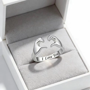Silver hand gesture heart ring with I Love You engraving in a premium jewelry gift box