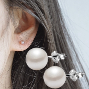 Elegant round white pearl earrings with S925 sterling silver posts for women