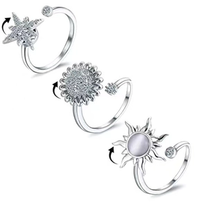 Detailansicht von 3-teiligen verstellbaren Spinner-Ringen mit Sonnenblumenmotiven