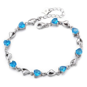Bracelet coeur en argent S925 avec cristal bleu et zircons, fermoir mousqueton chic