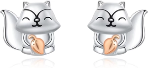 Cute S925 sterling silver squirrel stud earrings with rose gold leaf accent detail