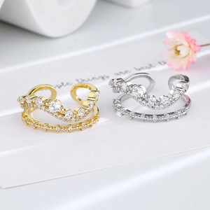 Adjustable wavy double-layer open ring set in gold and silver with cubic zirconia stones