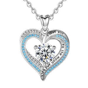 Silver heart necklace with blue stones and 'I love you to the moon and back' engraving