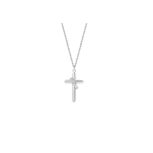 Minimalist silver cross necklace for men with FAITH engraving and fine link chain