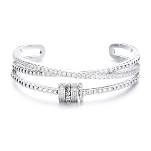 Multi-layer silver open bangle featuring cubic zirconia pavé and rotating beads for women