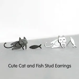 Minimalist S925 silver cat and fish mismatched stud earrings in black and silver finishes