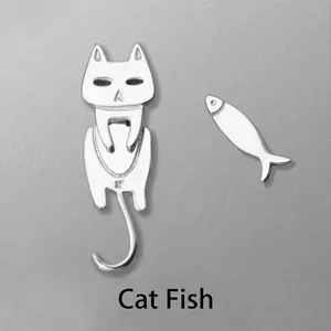 Cute Asymmetric Cat And Fish Stud Earrings With 925 Sterling Silver Earring Post Copper Minimalist Jewelry For Women