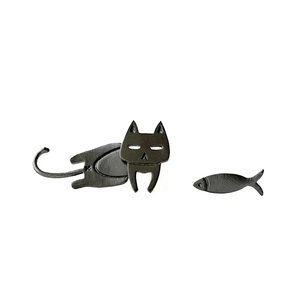 Detailed view of asymmetric S925 silver stud earrings with black matte cat and fish design