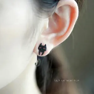 Asymmetric black cat silver stud earrings with creative two-piece front and back design