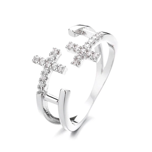 Bague ouverte élégante à double couche en forme de croix avec zircons scintillants