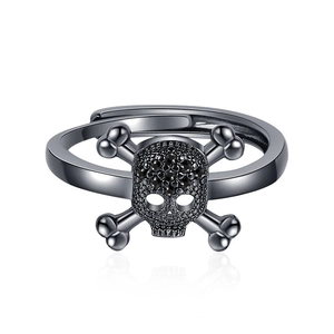 Gothic punk adjustable ring with black crystal skull and crossbones in gunmetal finish