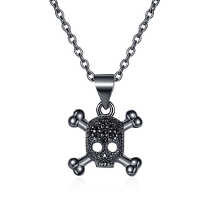 Gothic black skull necklace with crossbones and micro-set black zircons on O-chain