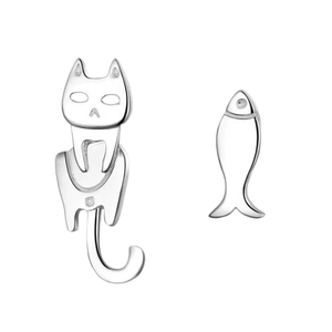 Asymmetric S925 silver cat and fish stud earrings with a high-polished minimalist finish