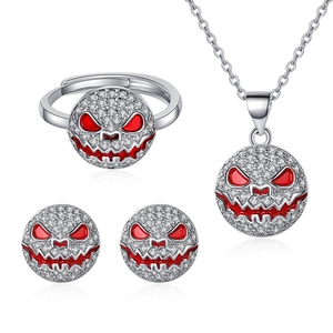 Halloween Copper Zircon Paved Round Face Expression Necklace Stud Earrings Adjustable Ring Devil Smile Enamel For Women