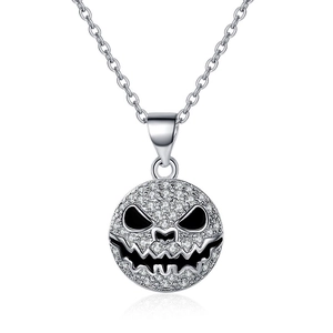 Halloween pumpkin head necklace with white cubic zirconia and black enamel on silver chain