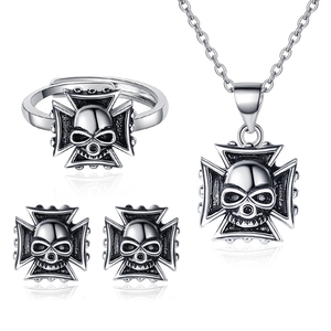 Skull Iron Cross Necklace Ring Stud Earrings Copper Vintage Gothic Punk Retro Halloween Jewelry For Men Women