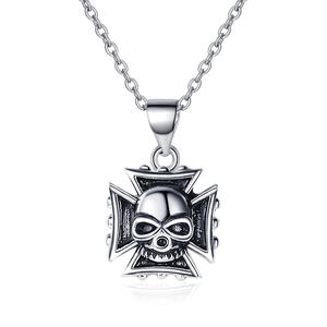 Punk style skull and iron cross pendant necklace with vintage oxidized silver finish