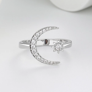 Elegant silver crescent moon and star open ring with sparkling pavé zircon stones