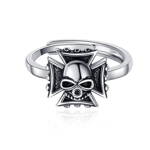 Vintage punk skull iron cross ring with oxidized silver finish and adjustable open band