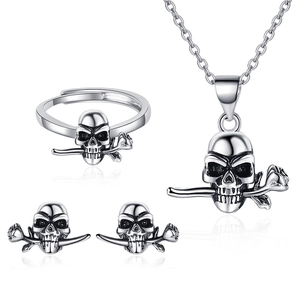 Gothic Skull Rose Jewelry Necklace Earrings Ring Copper Antique Silver Finish Punk Retro Hip Hop Fashion For Women