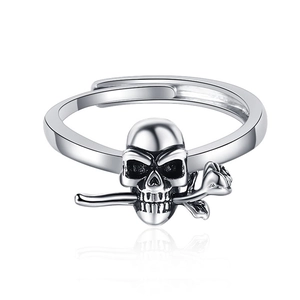 Vintage silver skull ring with rose in mouth, gothic punk adjustable jewelry for women