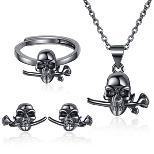 Collier Pendentif Crâne Rose Gothique Et Boucles D'oreilles Et Bague Réglable Cuivre Hip Hop Punk Bijoux Rétro Pour Femmes