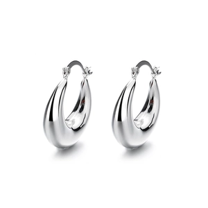 Polished silver teardrop hoop earrings with high-shine metallic finish and secure clasp