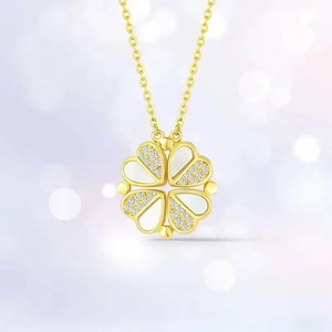 Four Leaf Clover Heart Pendant Necklace Copper With Zircon And White Shell Magnetic Foldable Multi Wear For Women Elegant