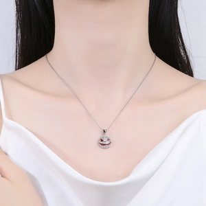 Hip hop silver necklace with iced out monster face pendant and red rhinestone eyes