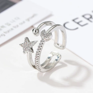 Double Layer Open Ring Copper Micro Pave Cubic Zirconia Star Moon Heart Adjustable Jewelry For Women Fashion