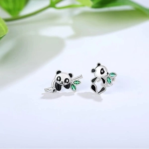 Cute Panda Stud Earrings Enamel Animal Jewelry With Green Zircon Bamboo Leaf And 925 Sterling Silver Earring Post