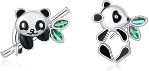 Detailed close-up of S925 silver panda stud earrings with green zircon bamboo leaves