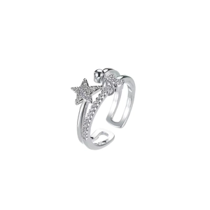 Detailed macro view of the double-layered silver ring with pavé zircon star and heart accents
