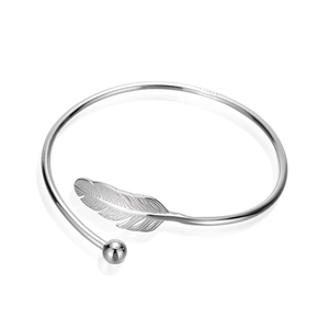 Minimalist silver feather open bangle with S925 engraving on a clean white background