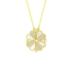 Versatile magnetic clover necklace in gold finish with white shell heart-shaped petals