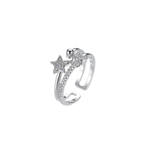 Double-layered silver star and heart open ring with sparkling cubic zirconia pavé