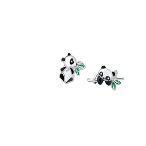 S925 silver panda stud earrings with black enamel details and green gemstone bamboo leaf
